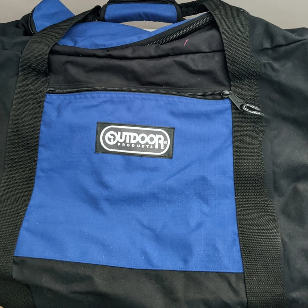 Vtg Outdoor Products Blue and Black Sports Duffle Travel Bag w Handles and Strap